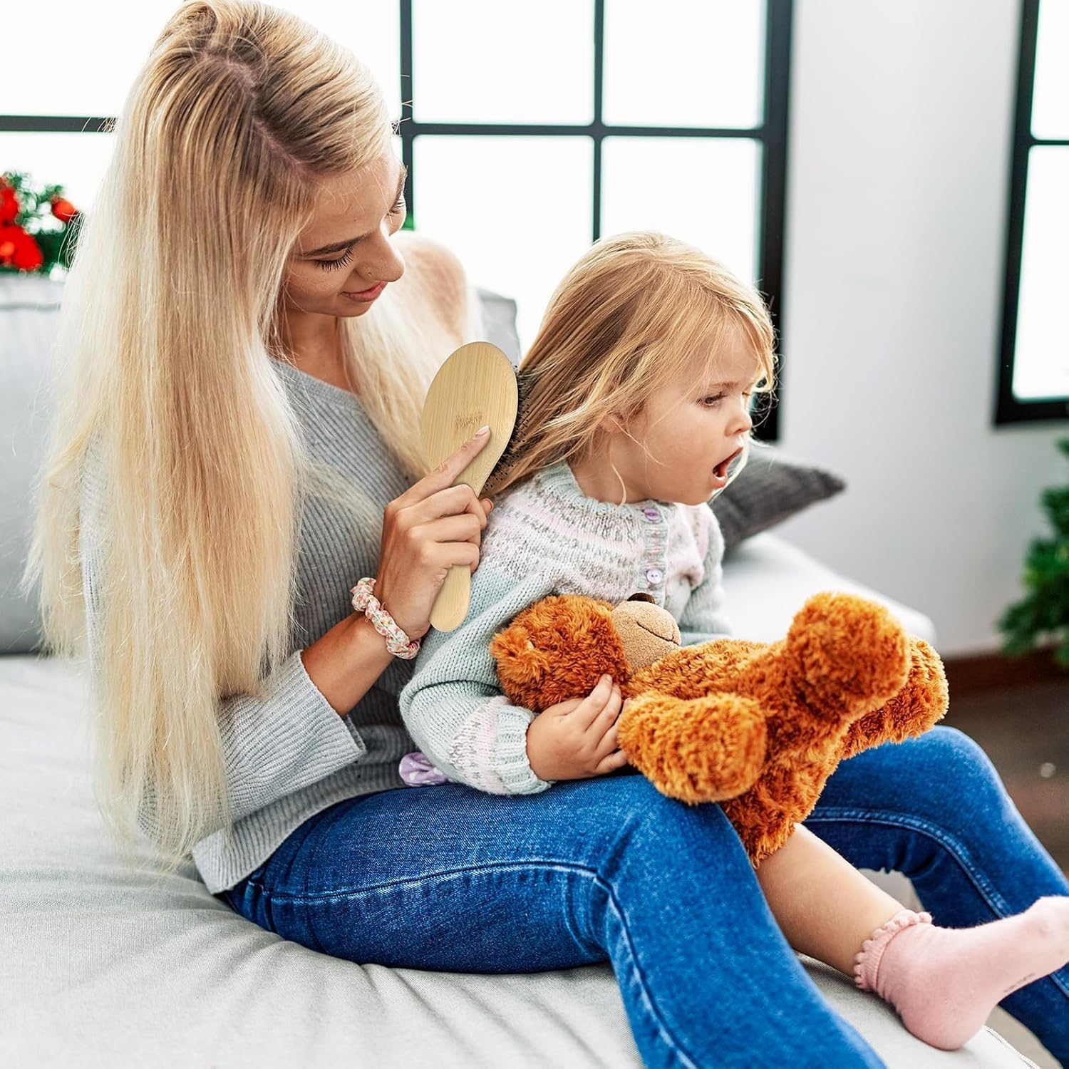 2Pcs Bamboo Boar Bristle Hair Brush Soft Nylon Blend Detangling Brush,Bamboo Hair Brush Wood with Natural Pins,Bamboo Wood Hair Brush Detangling Brush Hair Brush,Bamboo Hair Brush with Boar Bristles image number 2