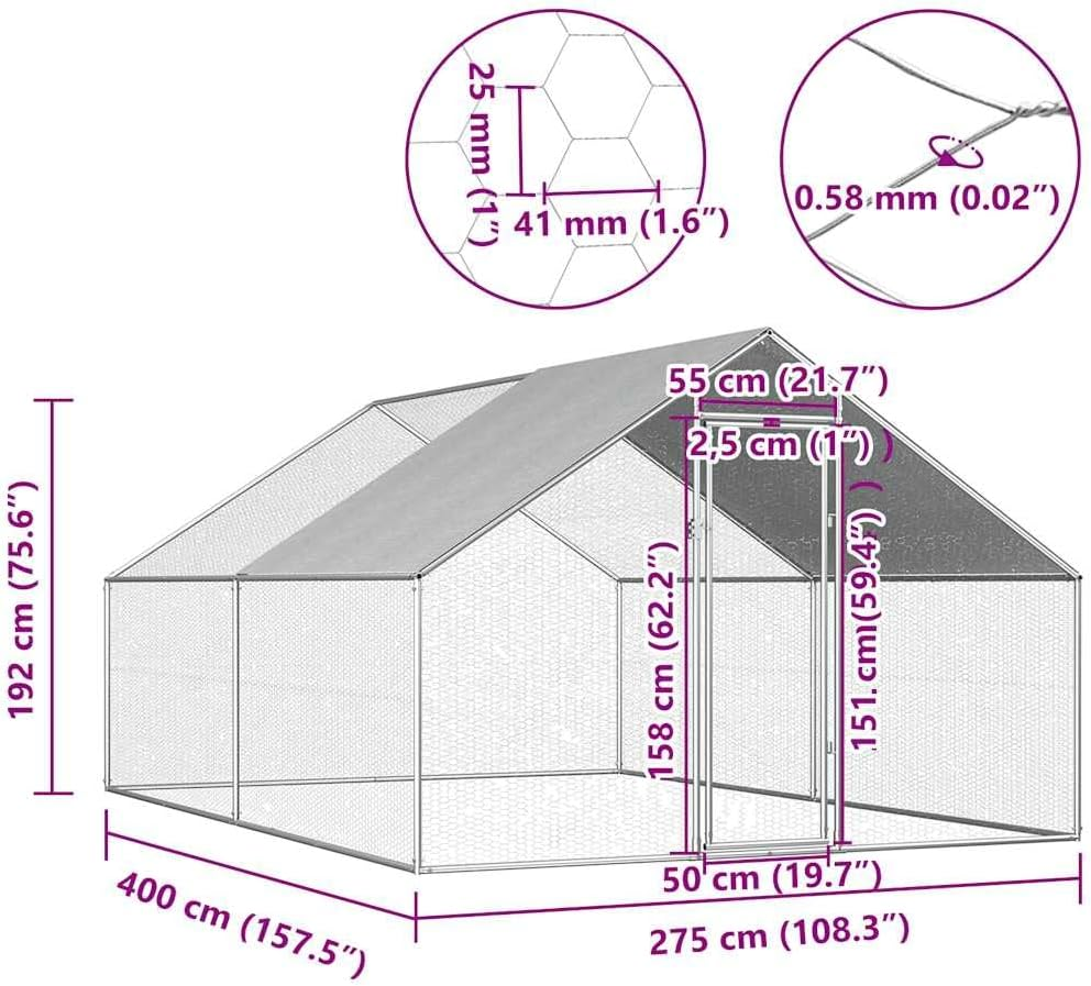 Vidaxl Outdoor Galvanized Steel Chicken Cage Enclosure - 2.75X4X1.92 M with Lockable Latch System, Ideal for Birds and Small Animals image number 3