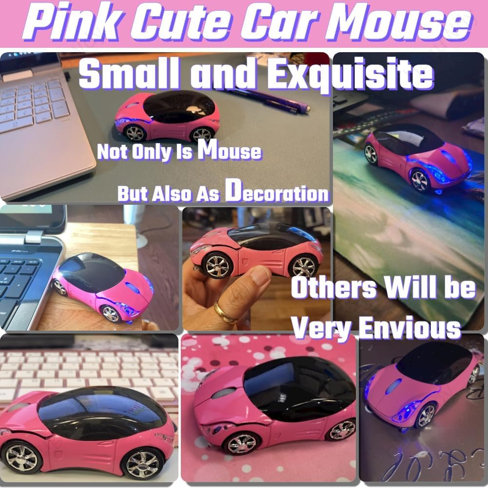 Huguwdy Pink Wireless Mouse，2.4G Wireless Car Mouse with USB Reciver 1600DPI Optical Mouse Cute Wireless Mouse for PC Computer Laptop Tablet for Win Xp/Vista/Win7/Me/2000/For Mac Os(Cute Car Mouse) image number 1