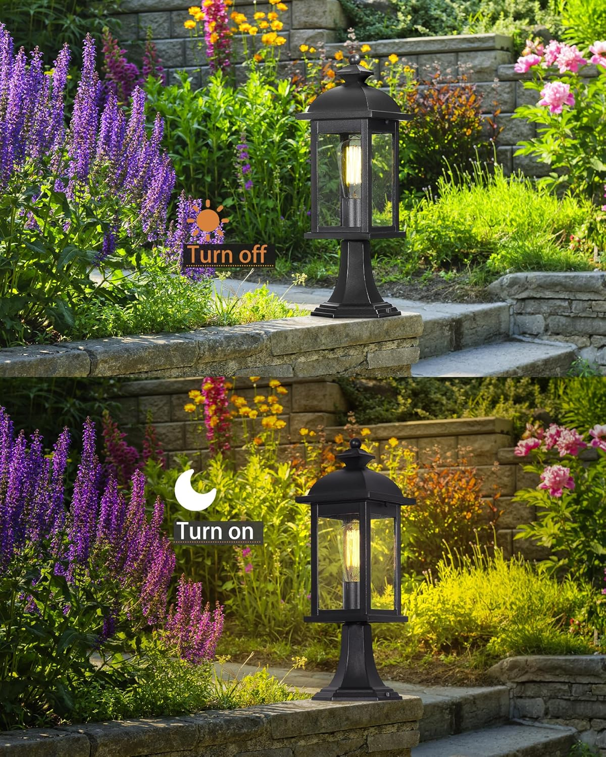 EMLIVIAR 1-Light Outdoor Post Light, Waterproof Pole Lantern Light Fixture, Exterior Lamp Posts Outdoor Lighting for Garden Patio Yard Pathway Driveway, Seeded Glass Panel, AUD03P BK image number 6