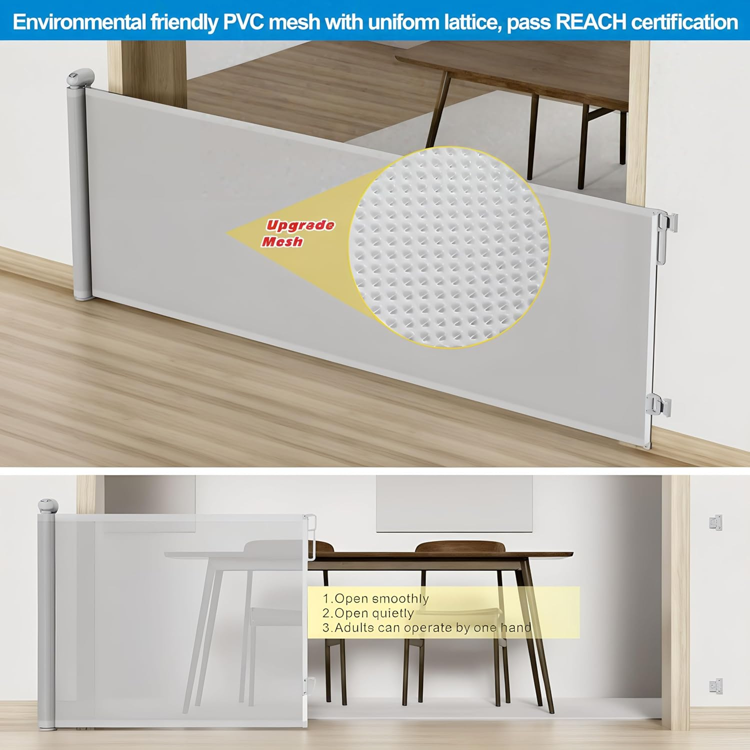 Retractable Baby Gate 140&times;86 Cm with Dual Locking System, Auto-Closing Safety Gate for Stairs & Doorways, Space-Saving Design, Low-Noise Mesh, Easy No-Drill or Drill Installation image number 4