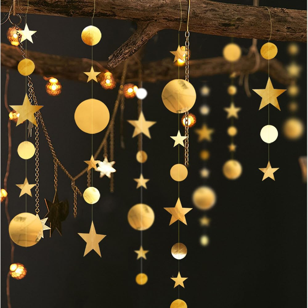 OSYLICT 52 Feet Reflective Star Dots Paper Garland,Gold Glitter Sparkling Twinkle Hanging Streamer Circle Banner for Party Birthday Wedding Anniversary Backdrop 4 Pack image number 2