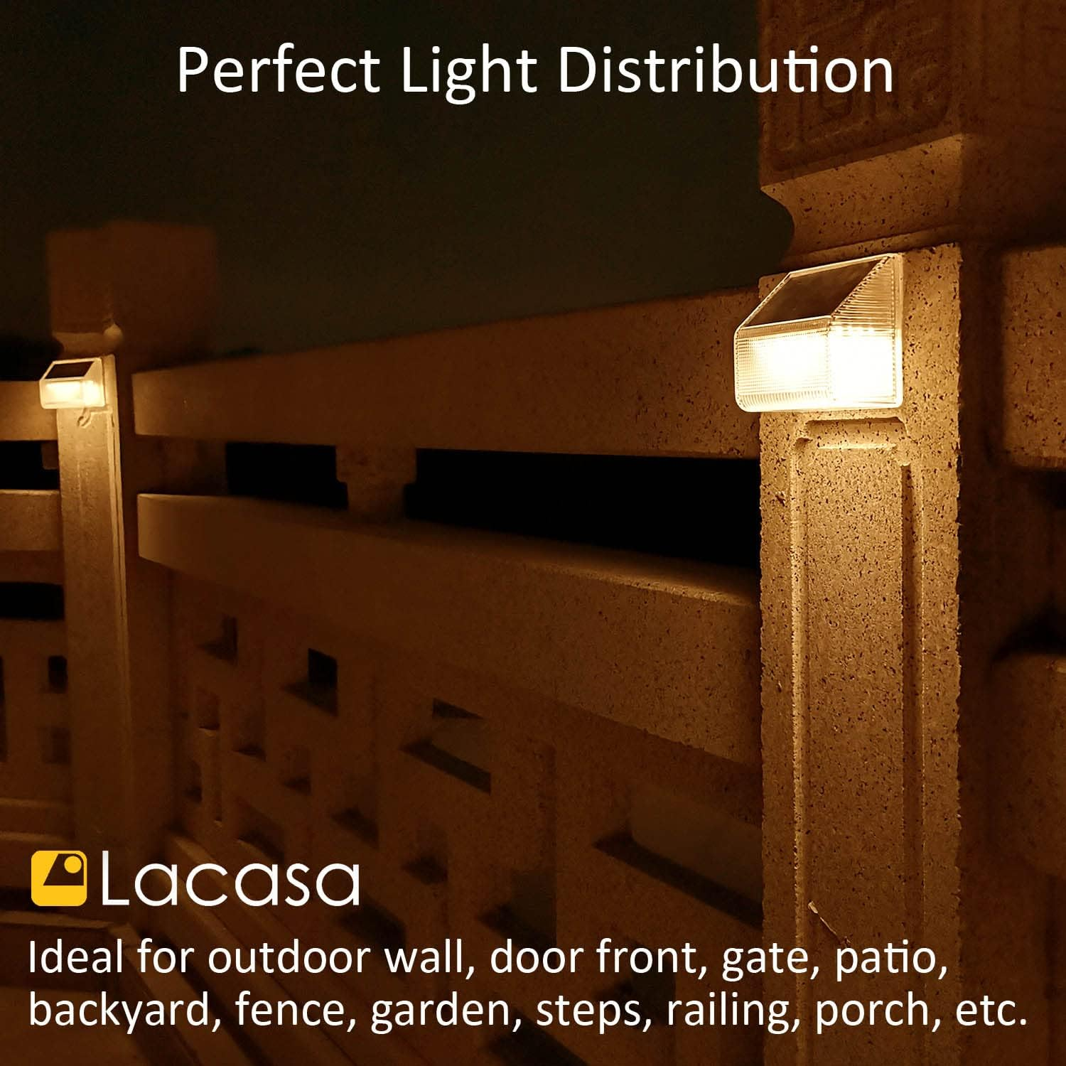 Lacasa Solar Fence Lights Outdoor, 4 Pack 24 LED Solar Deck Lights Waterproof Accent Wall Lights, up All Night Lighting for Garden Step Patio Backyard Porch Pathway, 50LM Warm White image number 1