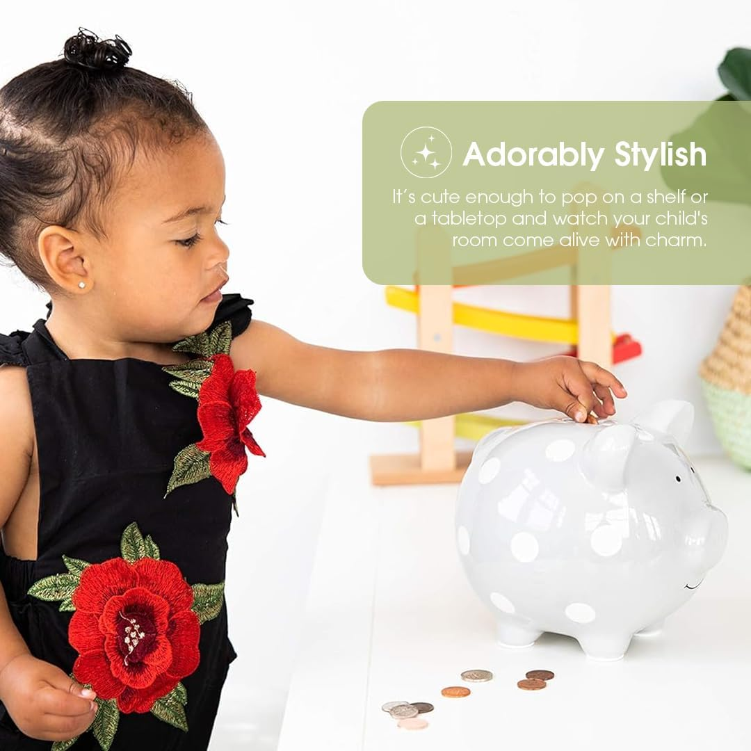 Pearhead Ceramic Piggy Bank, Gender Neutral Nursery D&eacute;cor, Baby Girl and Baby Girl Gift, Gray with White Polka Dots image number 2
