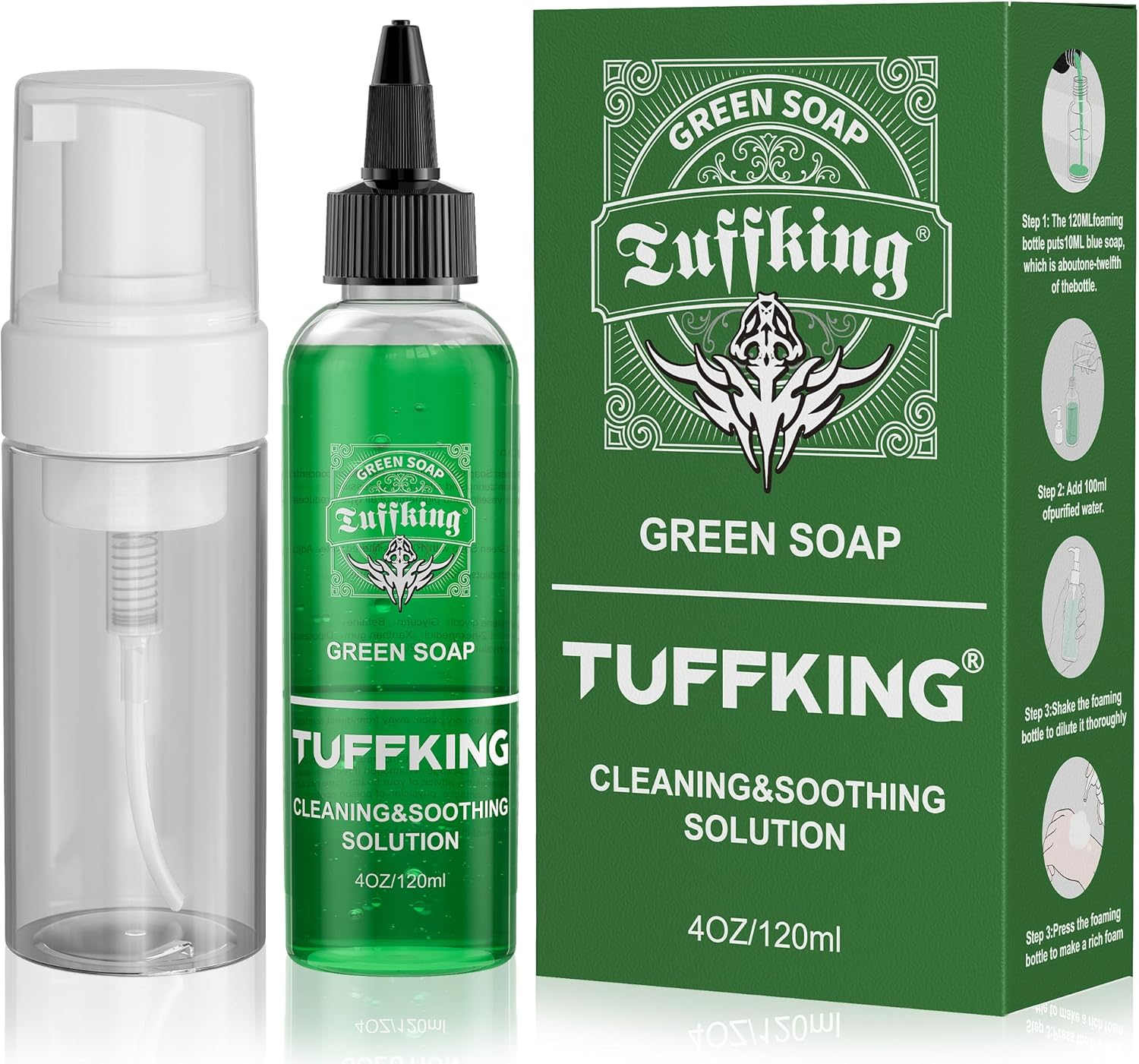 Tuffking Green Tattoo Soap 4OZ with Foaming Bottle 120Ml,Tattoos Green Soap,Tattoo Supplies for during Tattooing Clean Skin Equipment image number 3