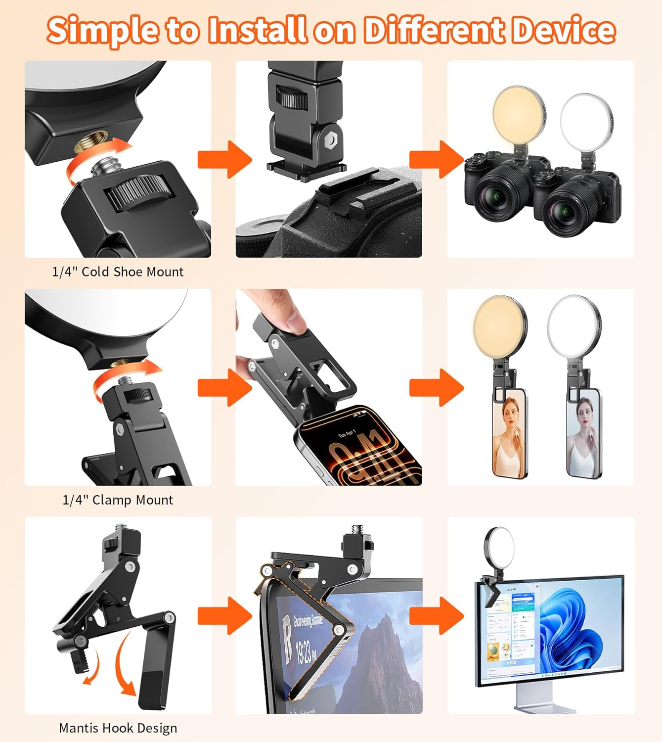 3000Mah Selfie Light for Iphone,40 LED Phone Light with Clip & Cold Shoe Mount,2500K-9900K Portable Clip on Soft Light,3 Lighting Modes for Video Conferences,Camera,Laptop,Streaming,Makeup image number 2