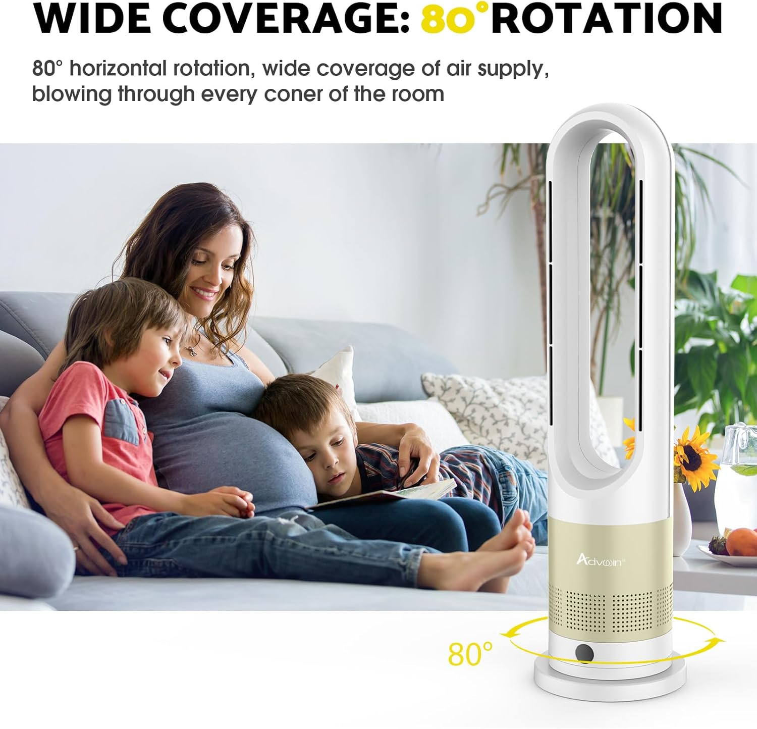 Advwin 2 in 1 Electric Heater, Bladeless Tower Fan with 8 Speeds, Portable Oscillation Fan for Room Bedroom Office Use, Golden - Golden image number 6