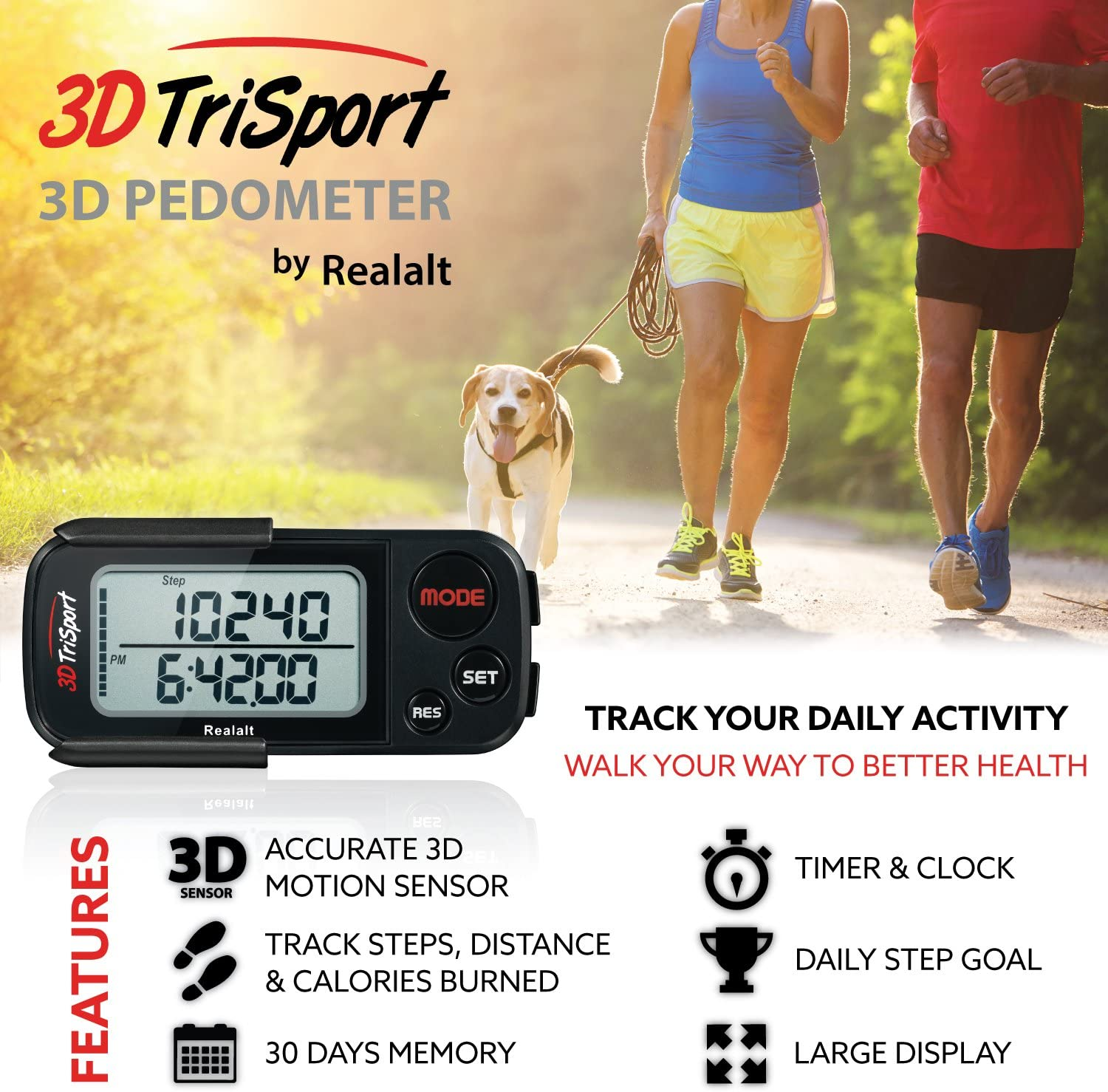 3Dtrisport Walking 3D Pedometer with Clip and Strap, Free Ebook | 30 Days Memory, Accurate Step Counter, Walking Distance Miles/Km, Calorie Counter, Daily Target Monitor, Exercise Time. image number 5