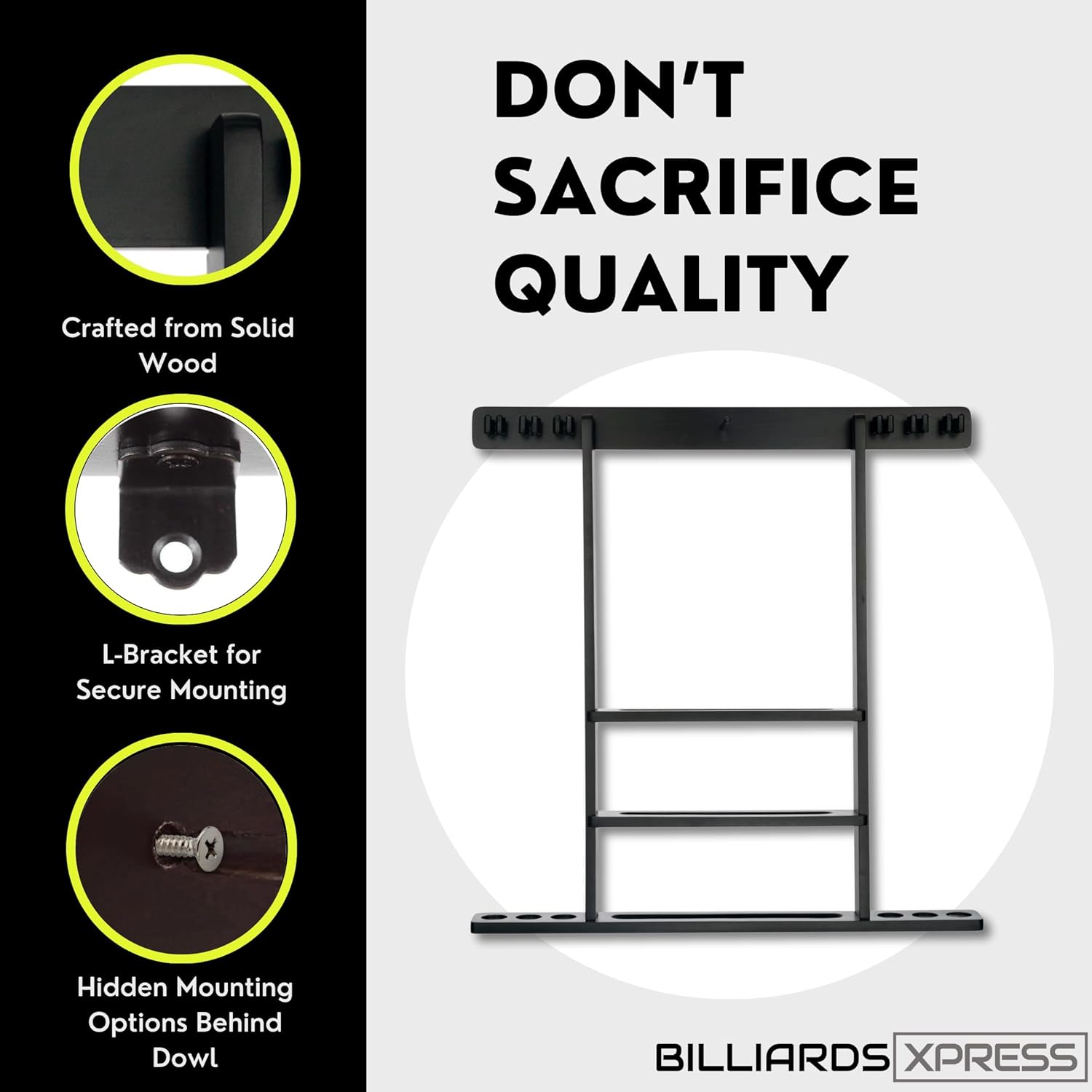 Pool Cue Rack - Pool Stick Holder Wall Mount with 16 Ball Holders & 6 Pack of Chalk - Rubber Circle Pads & Large Clips Prevent Damage - Compact Billiard Table Accessories for Man Cave image number 1