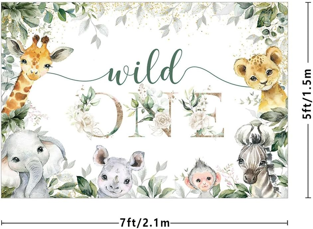 MEHOFOND Boys Girls 1St Birthday Backdrop Cute Wild Animal Eucalyptus Leaves Flowers Photography Backdrop Cake Smash Birthday Party Decoration Banner image number 1
