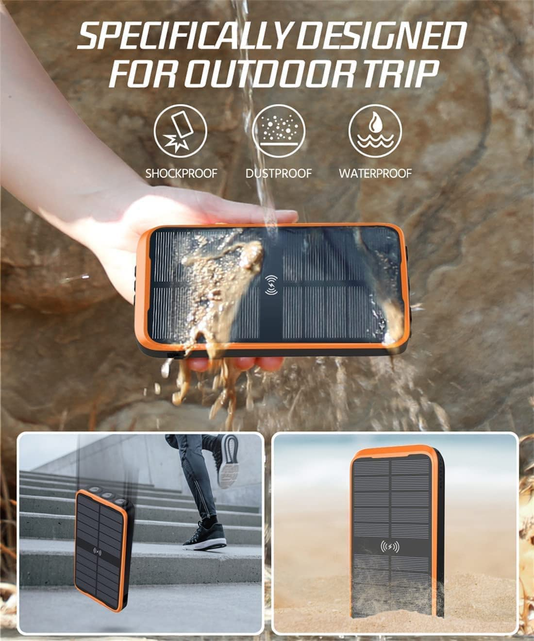 2025 Upgraded Solar Power Bank, 26800Mah with 4X Foldable Solar Panels Built-In 2 Output & 1 Input Cables PD 20W QC3.0 18W Fast Charging and Qi 10W Wireless Charging 6W Solar Charging Portable Charger image number 3