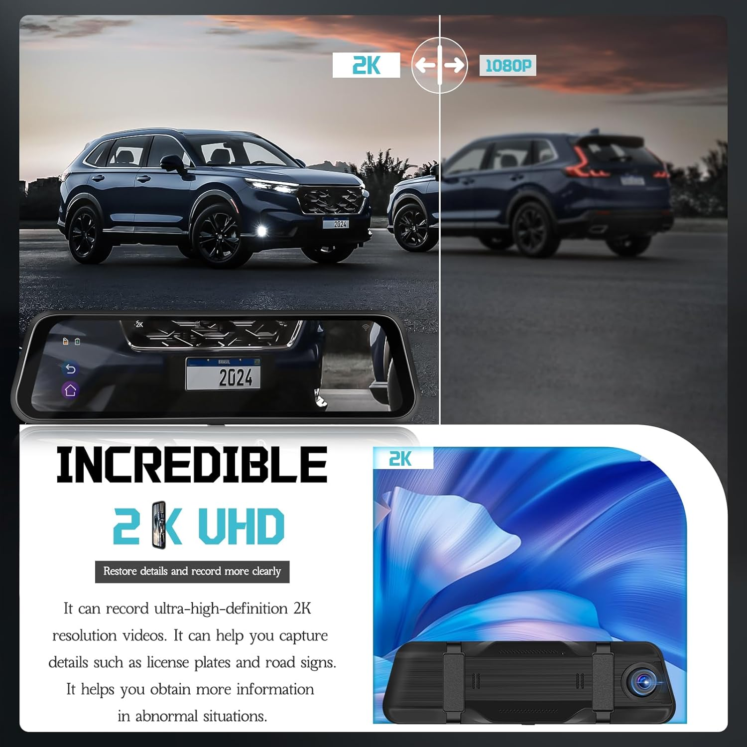 Rimoody 9.66" 2K Mirror Dash Cam 3 Channel Front 2K +Inside 1080P+ Rear 1080P, Rearview Mirror Camera, Touch Screen Front and Rear, G-Sensor Parking Assistance Night Vision 64GB Card image number 3