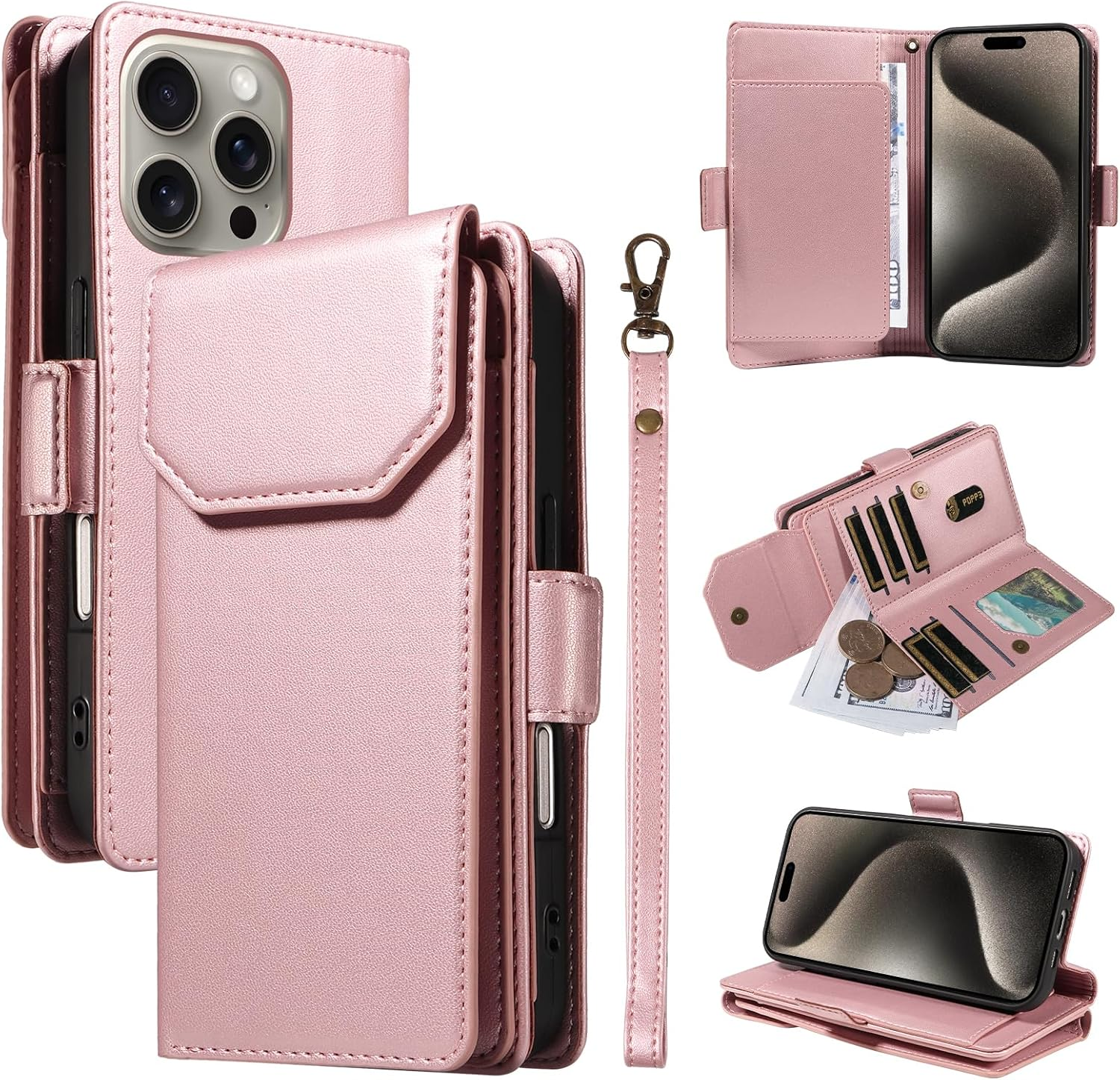 For Iphone 17 Pro Wallet Case with Card Holders Money Slots Wrist Strap,For Iphone 17 Pro Leather Folio Flip Case Kickstand Phone Cover-Wine Red