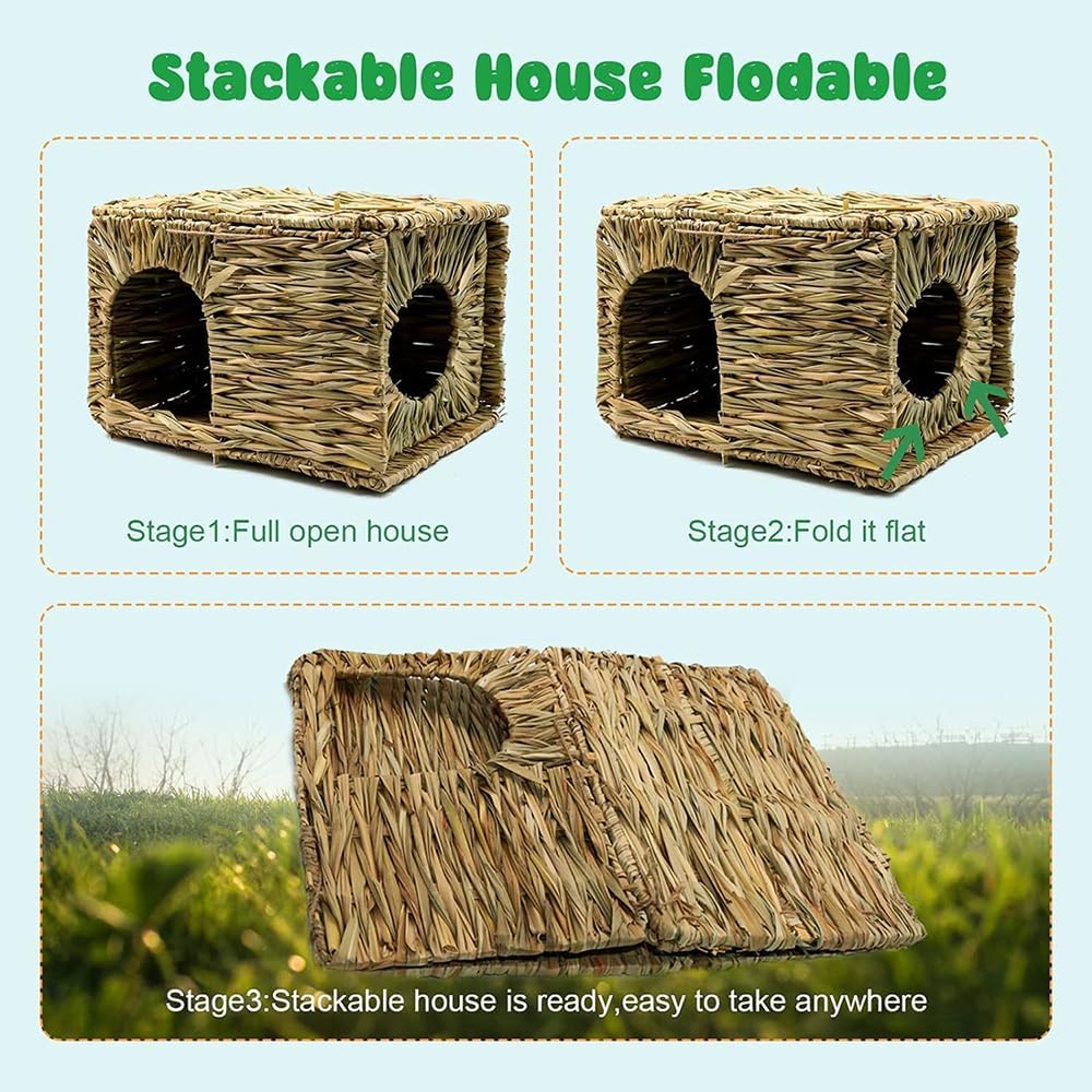 2 Pack Large Grass House and Tunnel for Small Animal, Hand Crafted Natural Grass Hideaway Foldable Bed Hut for Bunny Guinea Pig Chinchilla Ferret for Play and Sleep image number 3