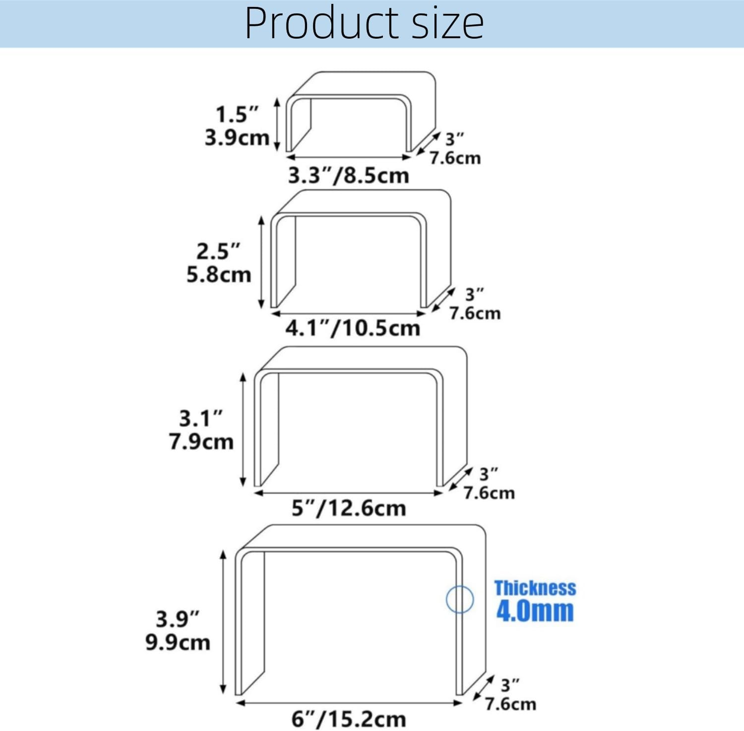 Acrylic Display Risers, 8 Pieces Clear Rectangular Tabletop Display Stand for Amiibo Funko POP Figures, Collectibles Jewelry Food Cupcake Dessert Risers Shelf for Decoration and Organizer image number 3