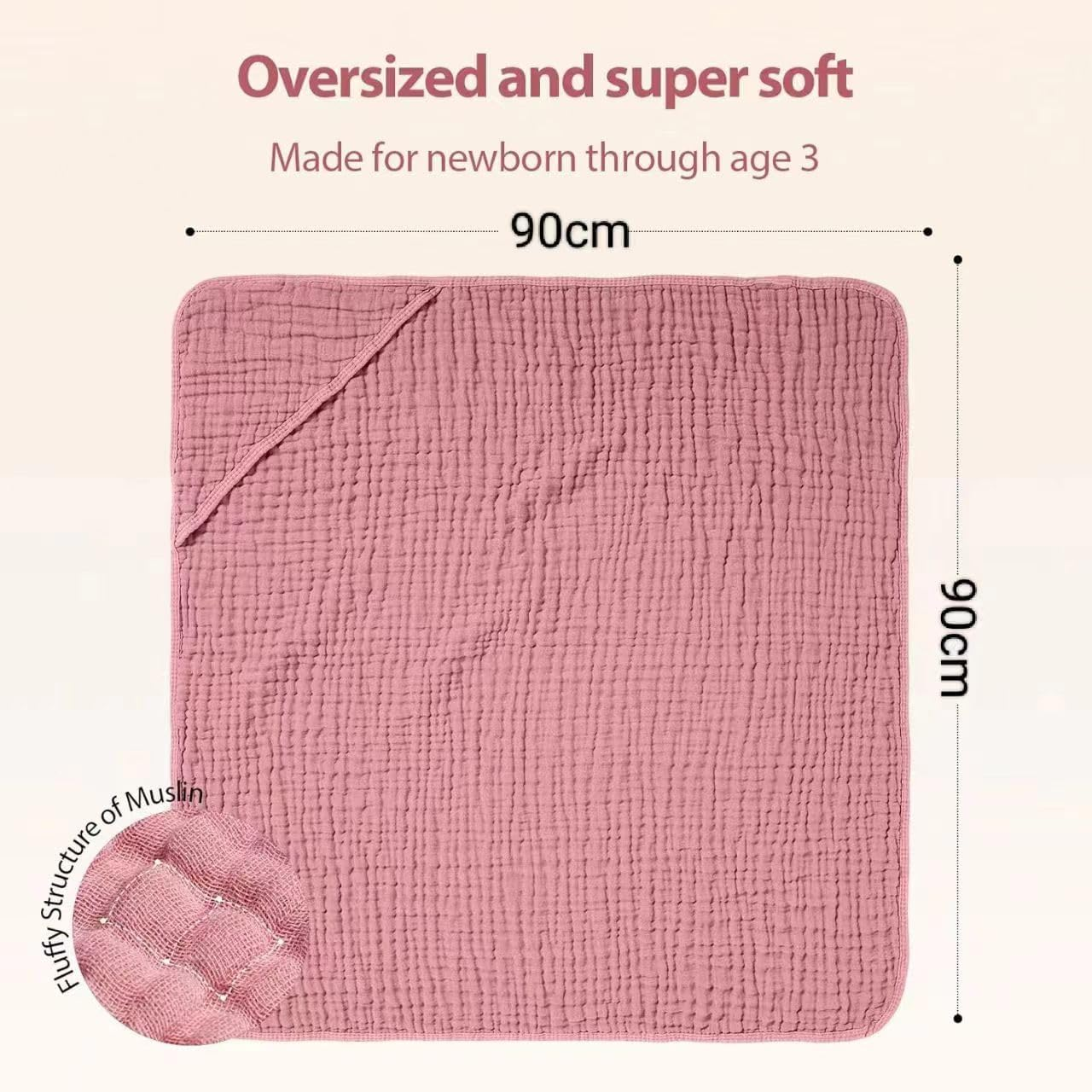 Hooded Baby Towels for Newborn - 2 Pack, 100% Muslin Cotton Baby Bath Towels with Hood, Soft and Absorbent for Girls Infant, Toddler and Kids, Large 35X35 Inches, Newborn Essential image number 4