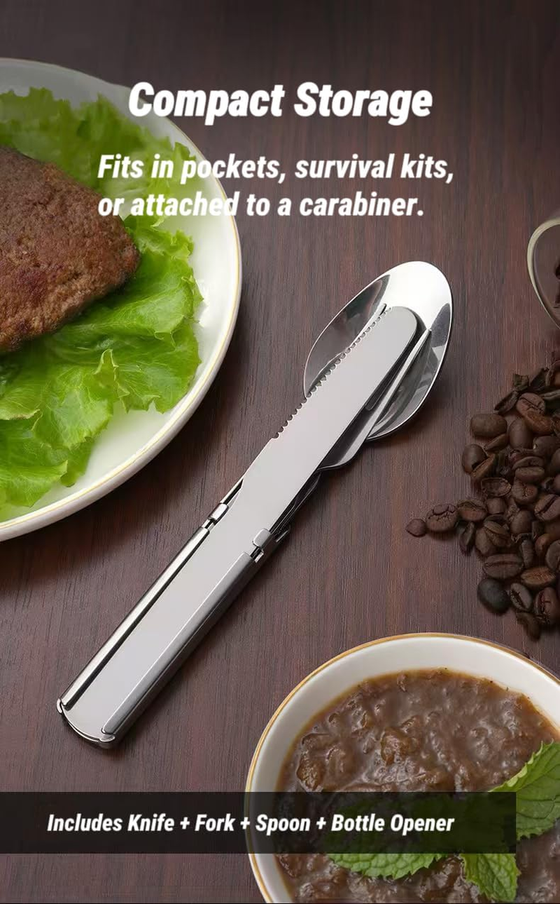 Mernard 4-In-1 Camping Utensil Set - Stainless Steel Camping Cutlery Set with Compact Knife Fork Spoon Bottle Opener for Hiking, Picnic, Travel Outdoor image number 3