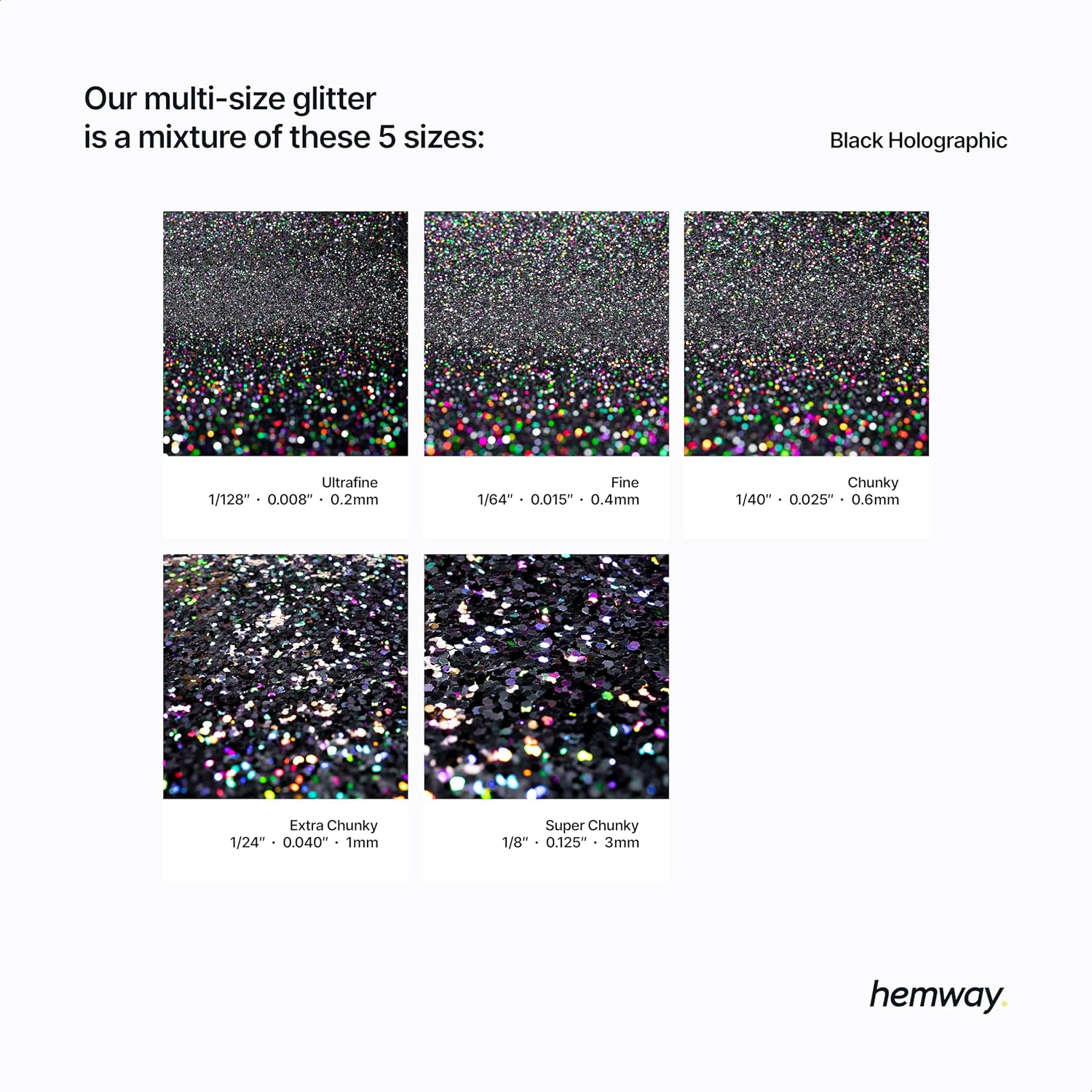 Hemway Black Holographic 5 Size Glitter Mix 120G/4.2Oz Fine Chunky Metallic Resin Craft Multi-Size Glitter Flake Sequin Shaker for Epoxy, Hair Face Body Eye Nail Art Festival, DIY Party Decorations - Black Holographic image number 6