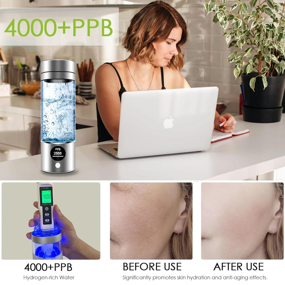 Hydrogen Water Bottle -Portable Rechargeable Hydrogen Water Ionizer Machine, with SPE/PEM Technology, for Home