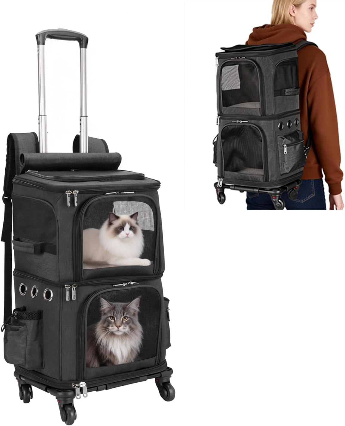 HOVONO Double-Compartment Pet Carrier Backpack with Wheels for Small Cats and Dogs, Cat Rolling Carrier for 2 Cats, Perfect for Traveling/Taking a Walk/Trips to the Vet, Grey