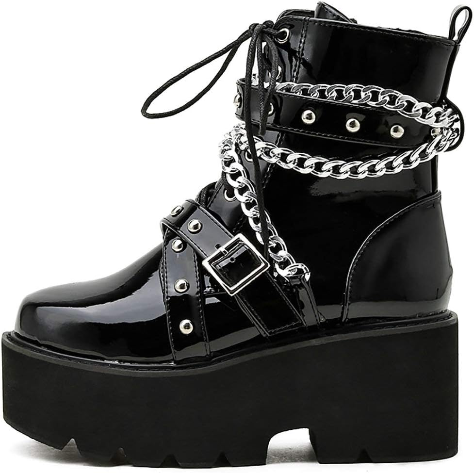 Parisuit Womens Goth Patent Ankle Boots Platform Chunky High Heel Lace up Combat Boots Punk Short Booties image number 2