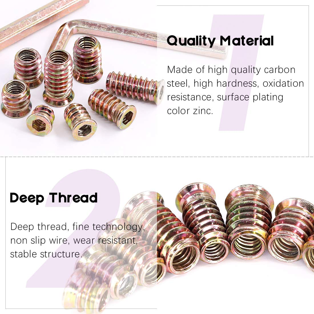 Swpeet 122Pcs Carbon Steel Color Zinc Plated Carbon Furniture Screw in Nut Threaded Wood Inserts Bolt Fastener Connector Hex Socket (1/4 + 5/16, Assortment Kit) image number 1