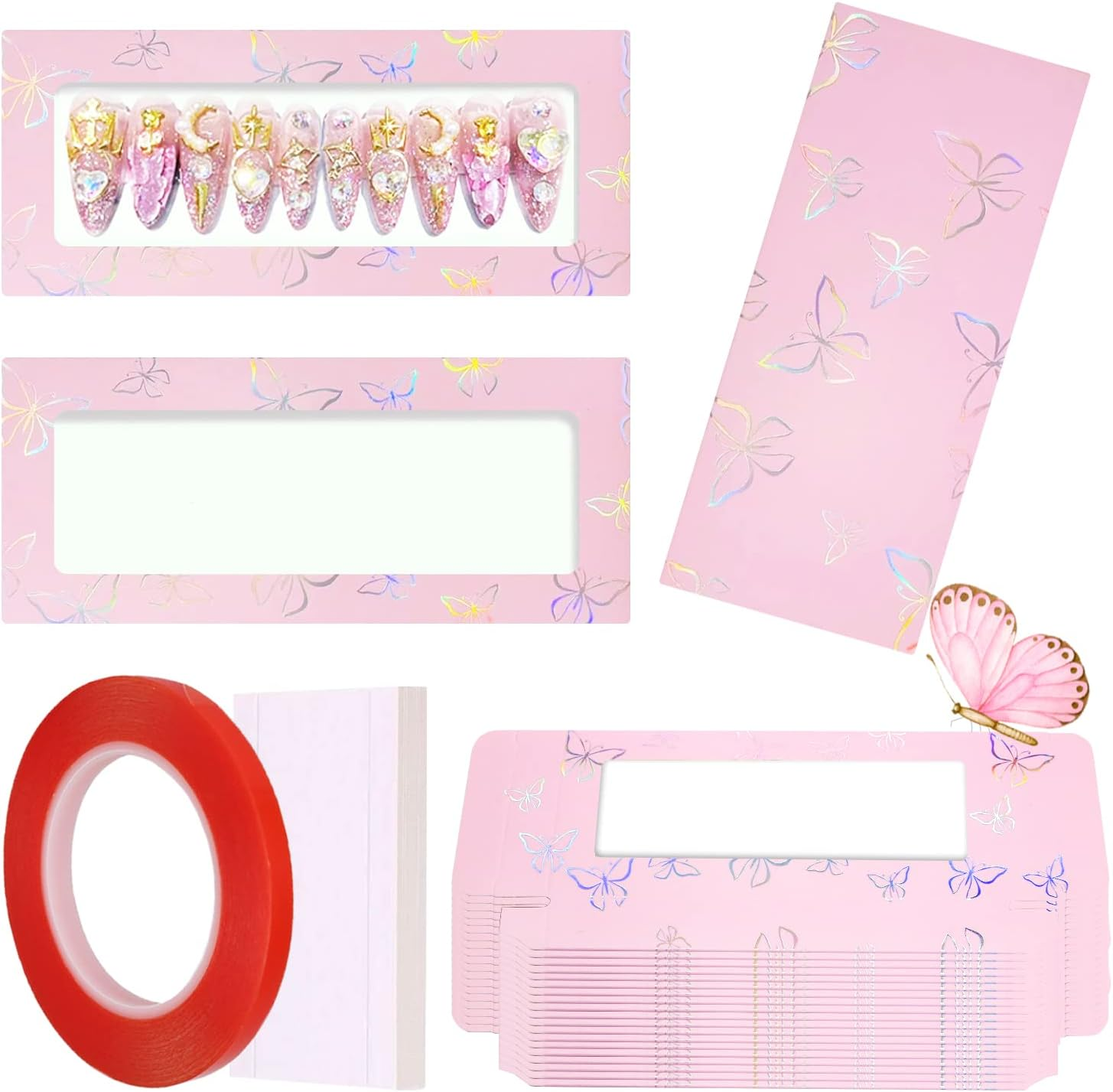 HLQHXWHZT 71 Pcs Empty Press on Nails Packaging Box 35 Pcs White Background Papers and 1 Double Sided Tape, Empty Nail Package Box Set for Press on Nail Business (White)&hellip;