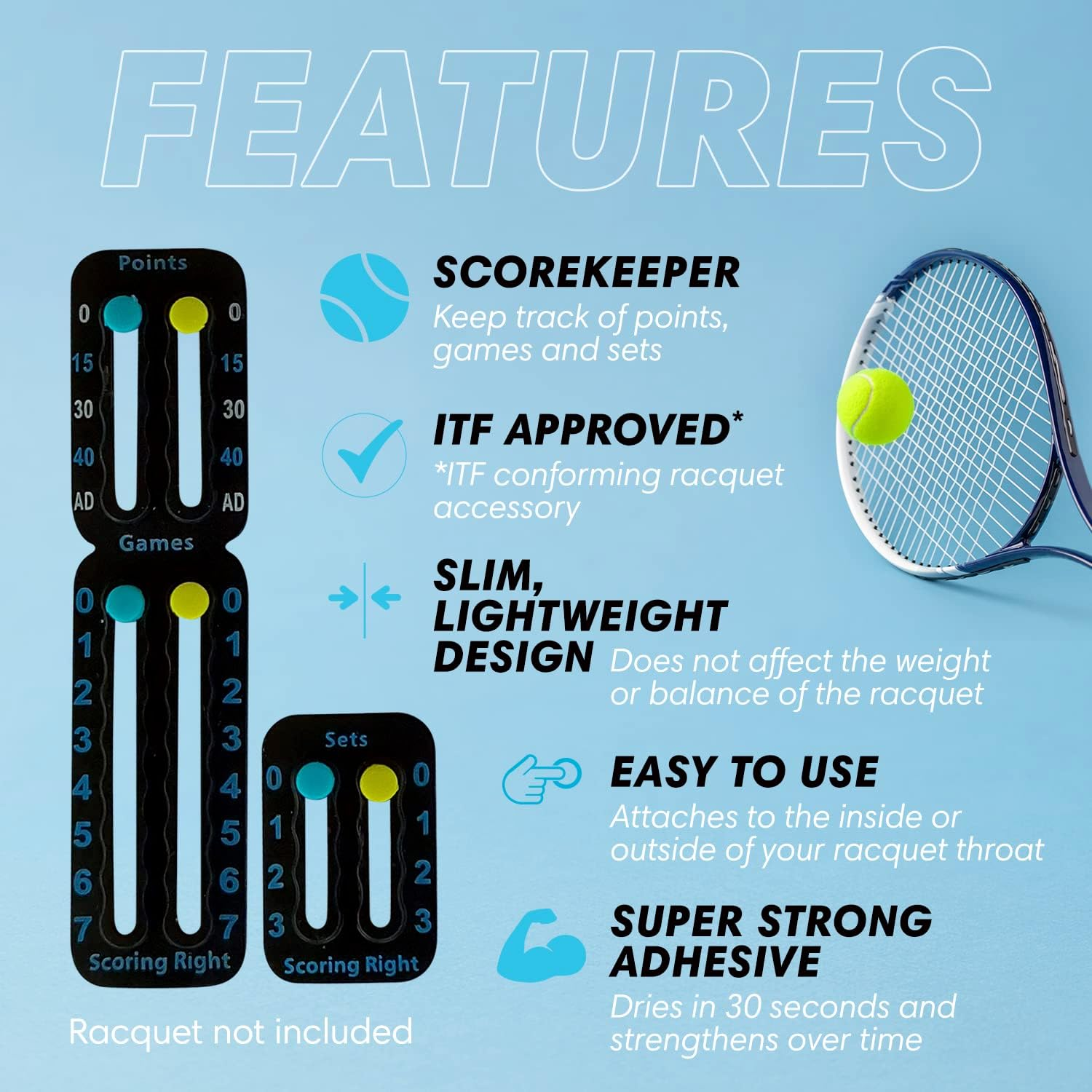 Scoring Right Portable Tennis Racket and Padel Scorekeeper, Easily Mounted Small Score Board to Keep Score of Points, Games, and Sets, ITF Conforming and Lightweight Mini Score Keeper, 1.9G