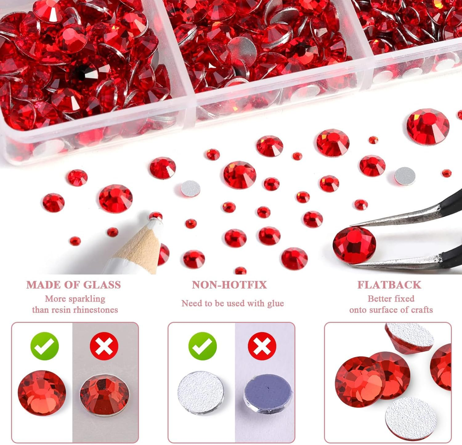 10000Pcs Rhinestone Gems Kit (2 Boxes 6 Sizes), 1.5-4.8Mm Nail Gems Flatback Rhinestone for Crafts, Red Rhinestones with Picking Pen and Tweezers for Crafts Decoration and Jewelry Making image number 5