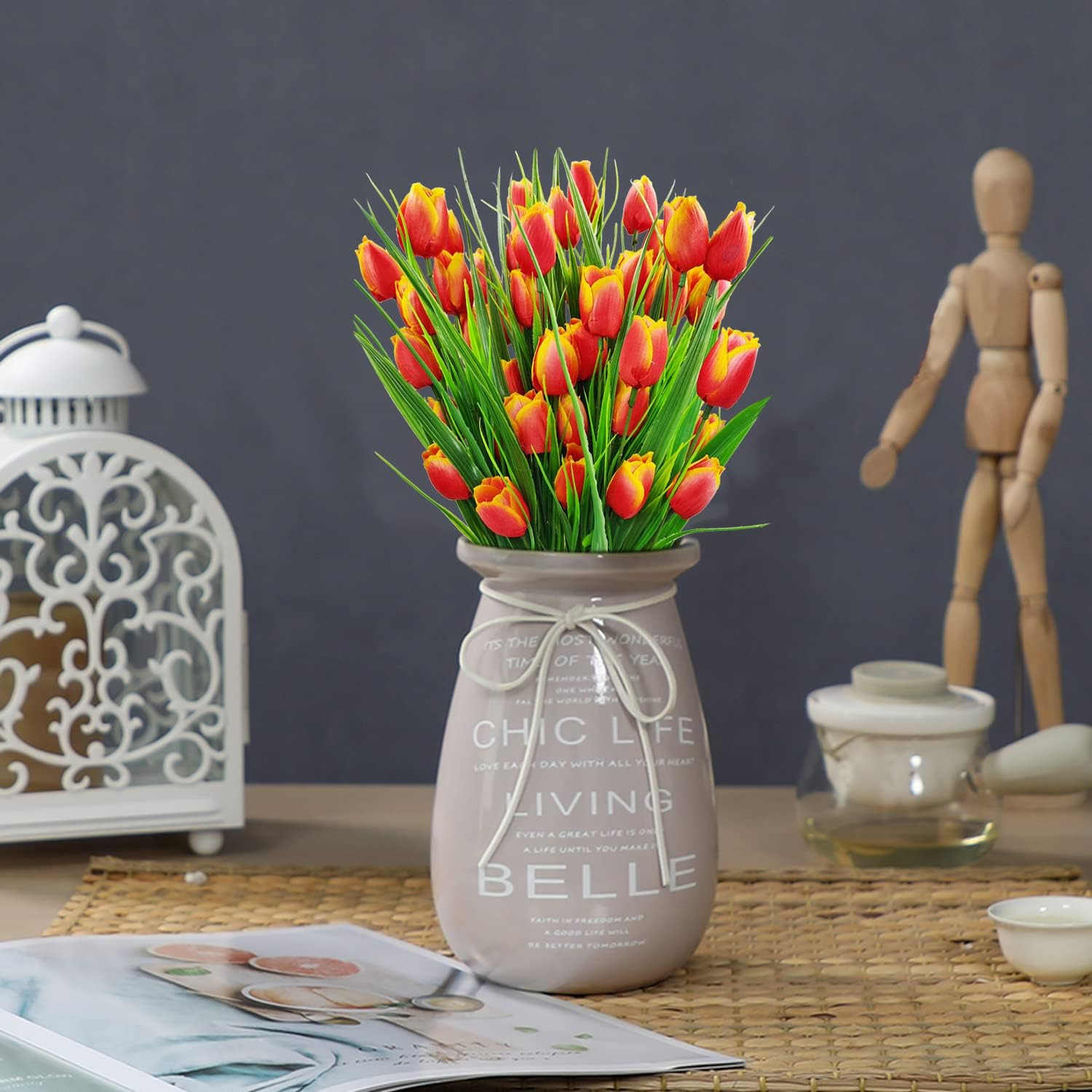 8 Bundles Outdoor Artificial Tulips Fake Flowers UV Resistant Faux Plastic Greenery Shrubs Plants for Home outside Garden Porch Window Farmhouse Decor (Orange) - Light Pink image number 2