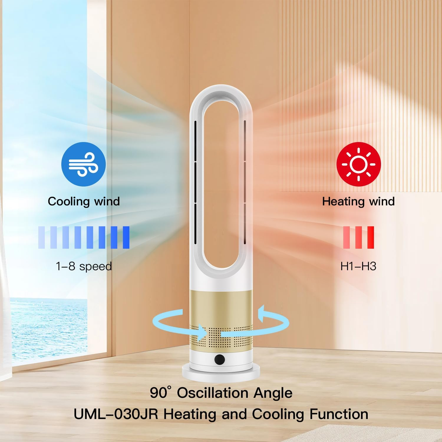 Bladeless Fan,26.5Inch Heating & Cooling Combo Tower Fan 80&deg; Oscillating, 9H Timer, 8 Speeds, Portable Quiet for Indoor, Bedroom, Home Office Room (Gold&White, 26.5 Inch Heating & Cooling) image number 5