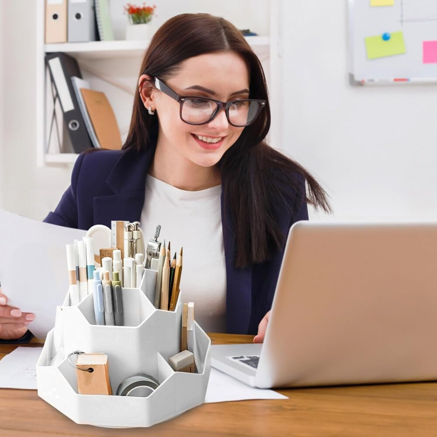 JCZD Rotating Pen Holder, Stationary Organiser, Pen Holder for Desk 9 Compartments, Upgraded Large Capacity 360&deg;Rotatable, Can Accommodate Pencils, Colored Pens, Various Stationery (Grey) image number 5