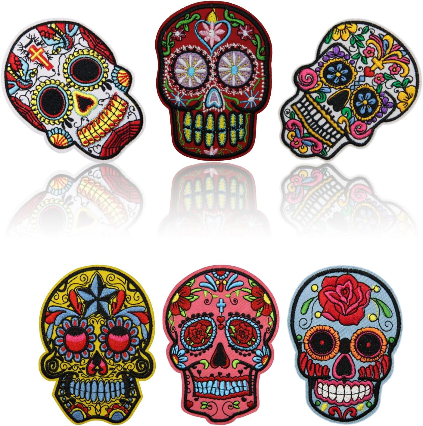 HEYTRCO 6PCS Sugar Skull Iron on Patches, Calavera Embroidered Repair Patches for Clothes, Custom Vintage Day of the Dead Applique for Hats, Jeans, Jackets, Bags, Backpacks, Dress