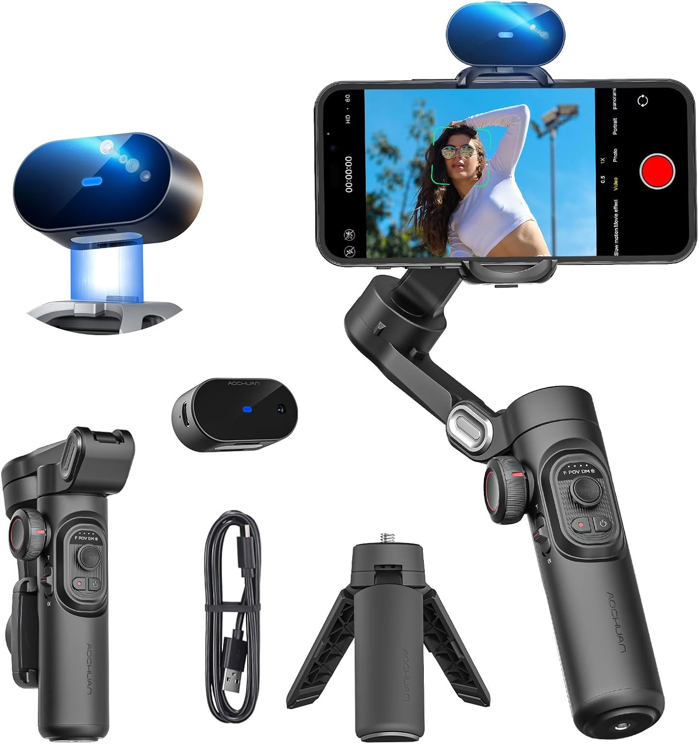 AOCHUAN XE AI Version, 3-Axis Foldable Smartphone Gimbal Stabilizer, AI Tracking, Gesture Control, Inception Mode, Compatible with Iphone & Android, Black