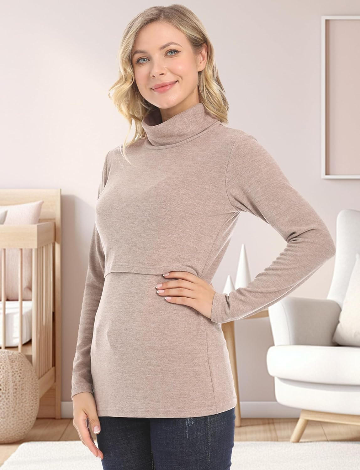 KEOYA Women'S High Neck Maternity Sweatshirt Nursing Top Shirt for Breastfeeding Solid Long Sleeve Undershirt image number 2