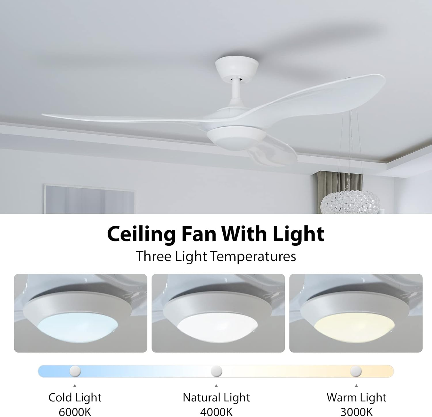 USOR 52Inch Ceiling Fan with Lights Remote Control, Pure White, Silent Motor for Bedroom,Living Room, Office, Basement, Kitchen, Dining Room 3 Blades image number 3