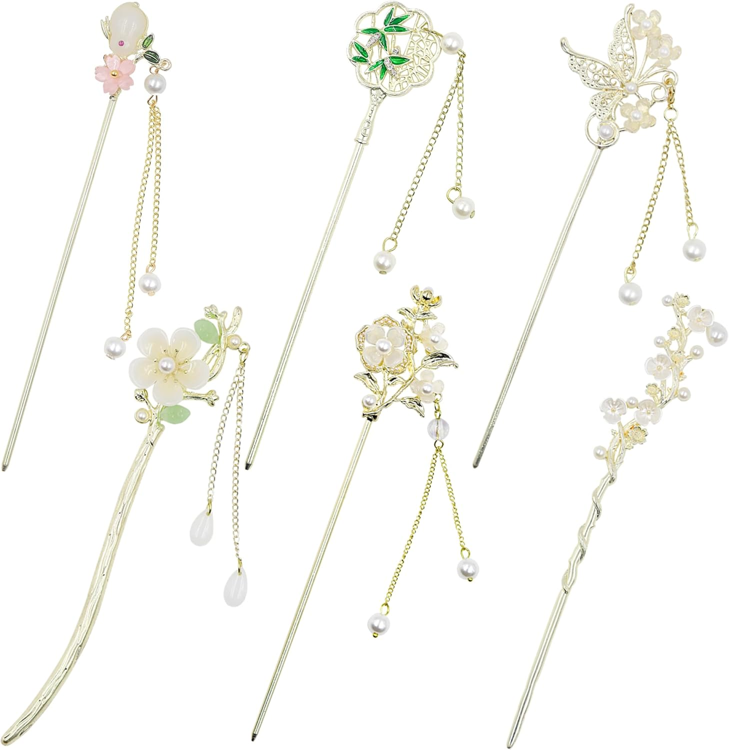 6 Pcs Chinese Hair Sticks with Pendants, Gold Metal Japanese Hair Pin for Long Hair, Retro Chinese Hair Pin for Women, Traditional Hanfu Hair Chopsticks, Hair Flower Accessories (Gold) image number 4