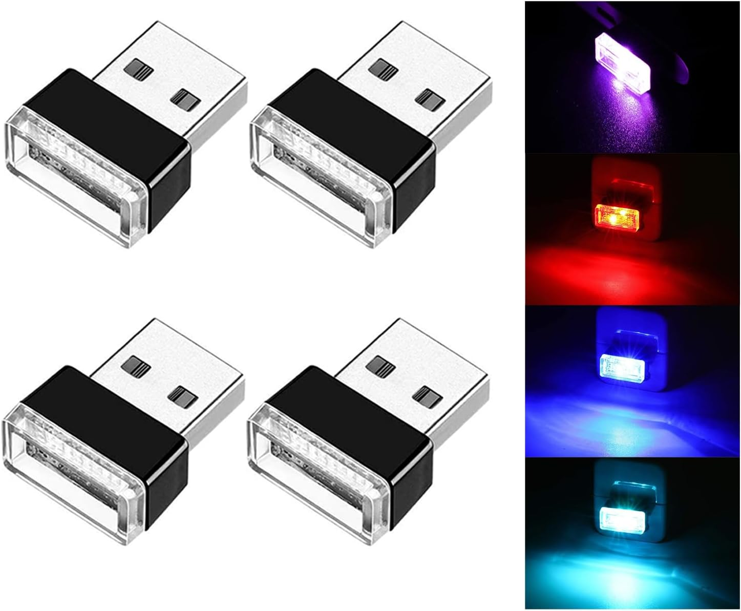 Ziciner 4 PCS USB LED Car Interior Atmosphere Lamp, Portable Mini LED Night Light, Plug-In USB Interface Trunk Ambient Lighting Kit, Universal Car Interior Accessories (Green)