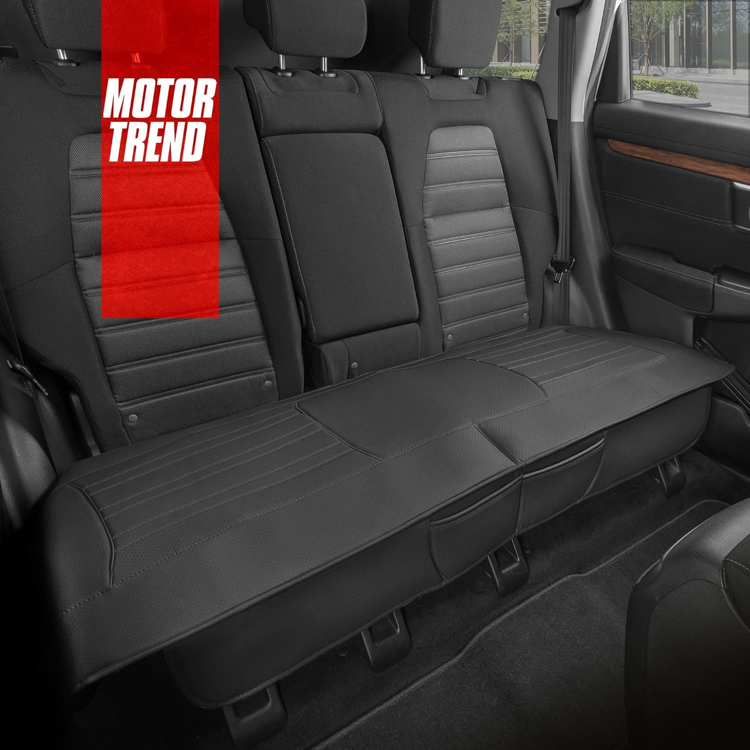 Motor Trend Faux Leather Padded Rear Bench Car Seat Cover with Storage Pockets image number 6