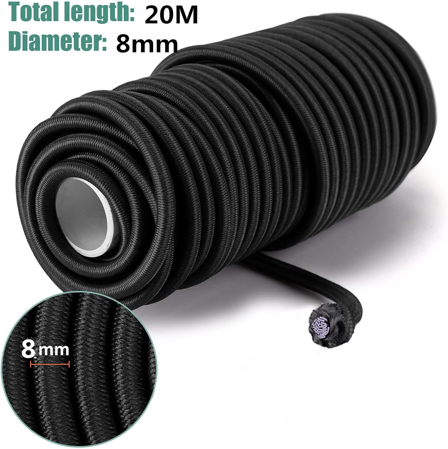 Ultimate Resistant 20M Elasticated Secure Rope, Bungee Straps, Elastic Bungee Cords and Fixings, Premium Black 8 Mm Shock Cord, Perfect for Transport, Bicycle, and Loading, Clothesline image number 6