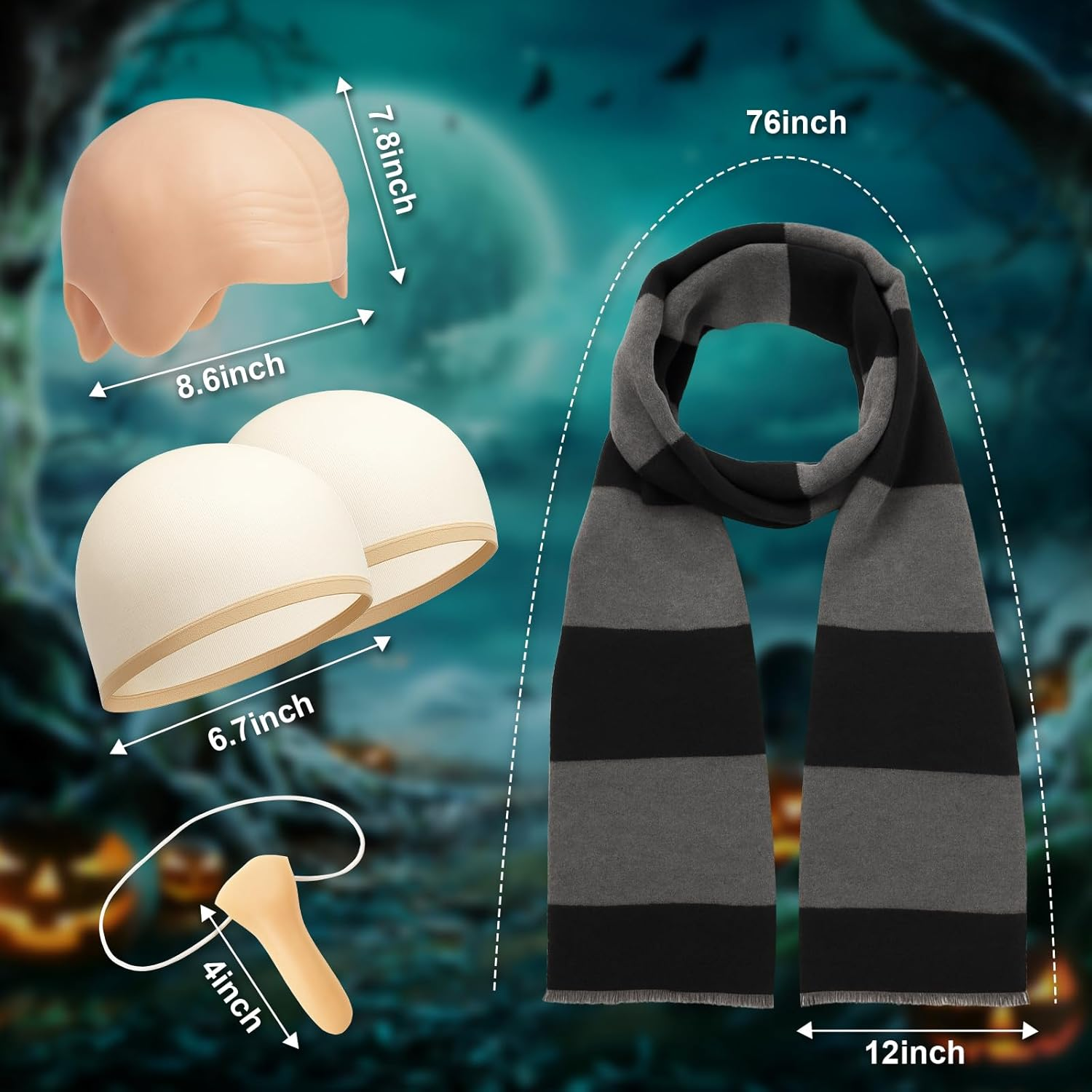 CFKEMZY 5 Pcs Halloween Costume Accessories Set for Adults - Extra Thick & Long Black Gray Striped Scarf, Fake Nose, Longer Latex Bald Cap Wig image number 5