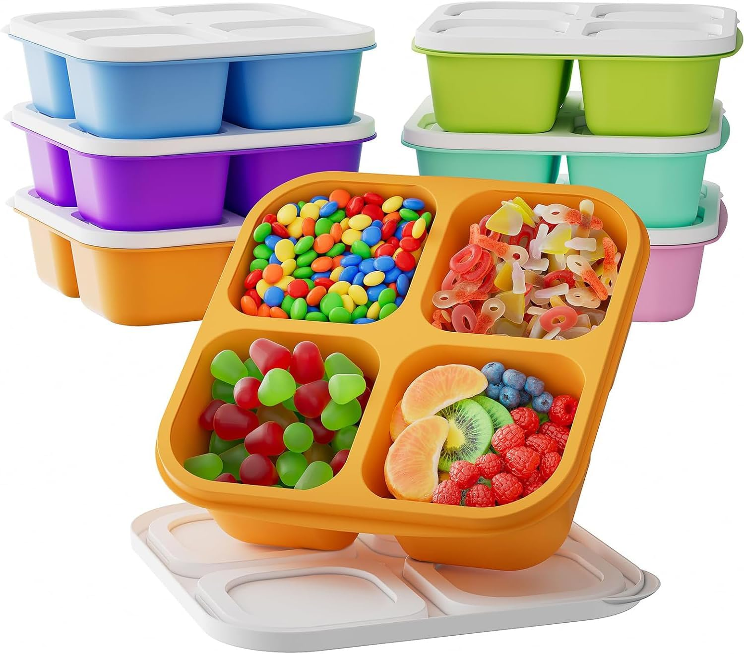 6 Pack Snack Containers, Reusable 4 Compartment Bento Lunch Boxes Food Storage Container with Lids, Divided Lunchable Container, Freezer, Microwave & Dishwasher Safe image number 1
