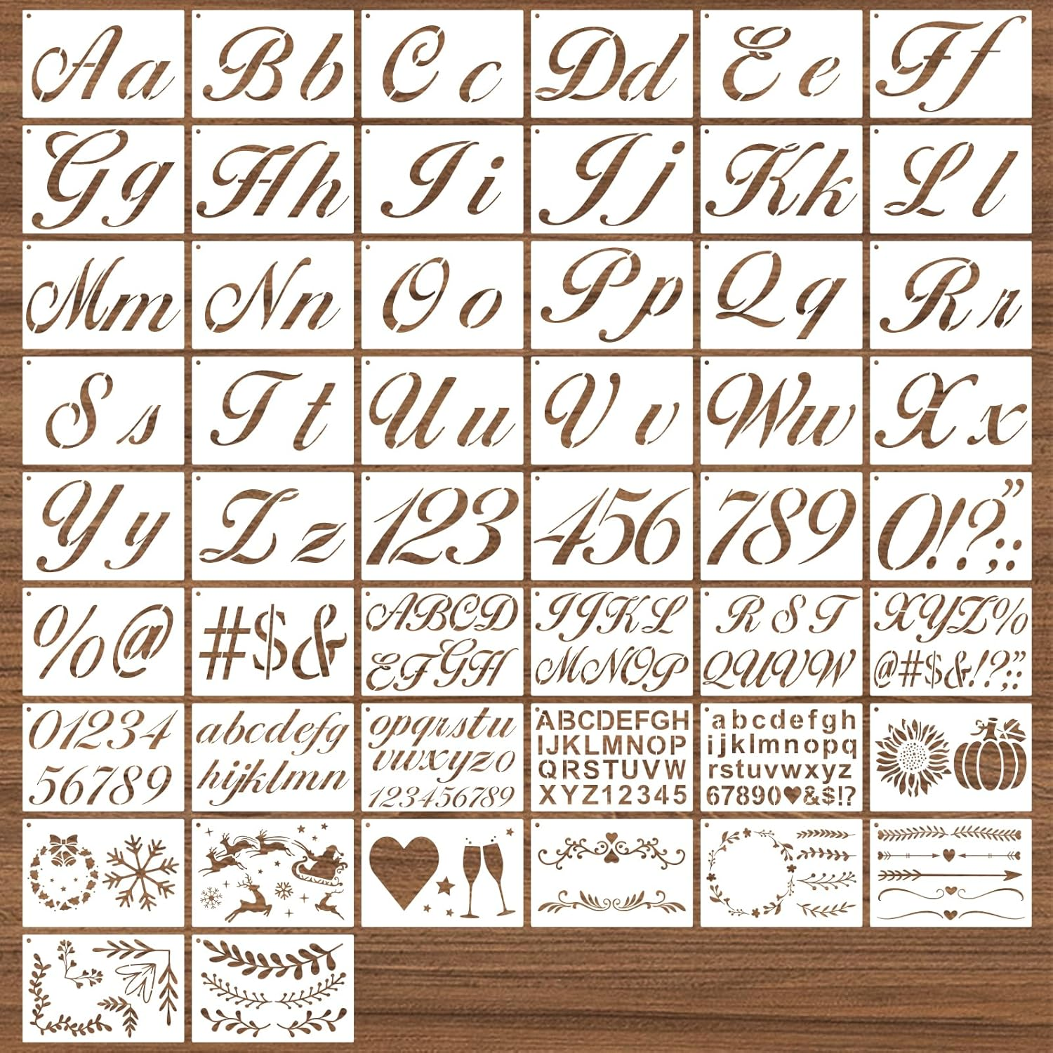 BAMIDELE Letter Stencils for Painting on Wood, 50 Pcs Calligraphy Alphabet Drawing Templates with Numbers, Signs, Flowers, Reusable Cursive Plastic Art Craft Stencils image number 2