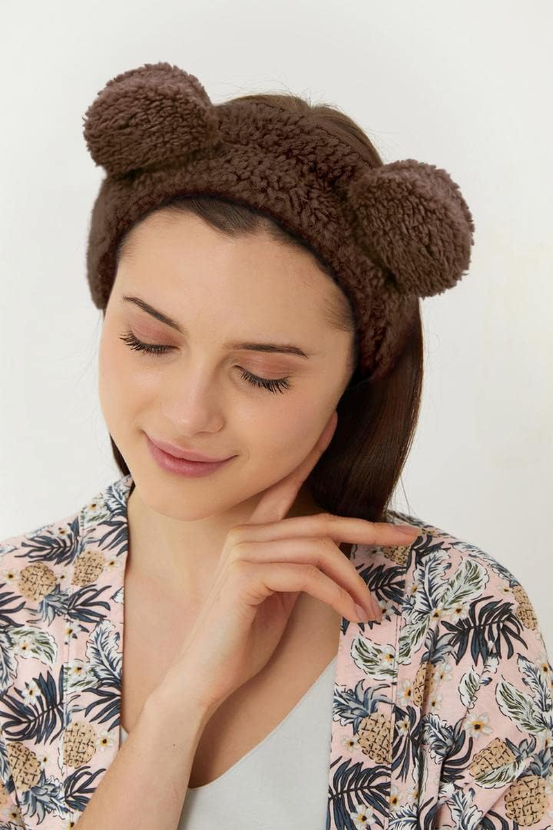 Huachi Spa Headbands for Women Girls Face Washing Makeup Cute Bear Ears Hair Bands Korean Elastic Fluffy Beauty Accessories, Brown image number 3