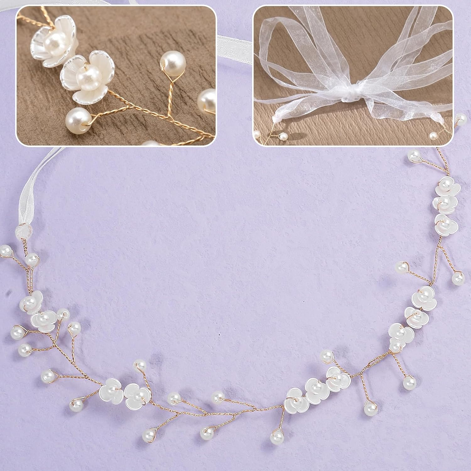 Simsky Flower Wreath Headband for Women, Flower Headband Boho Hair Accessories, Flower Wreath Hair Accessories for Bride & Flower Girls at Wedding & Party, Wedding Ceremony Party (Gold) image number 5