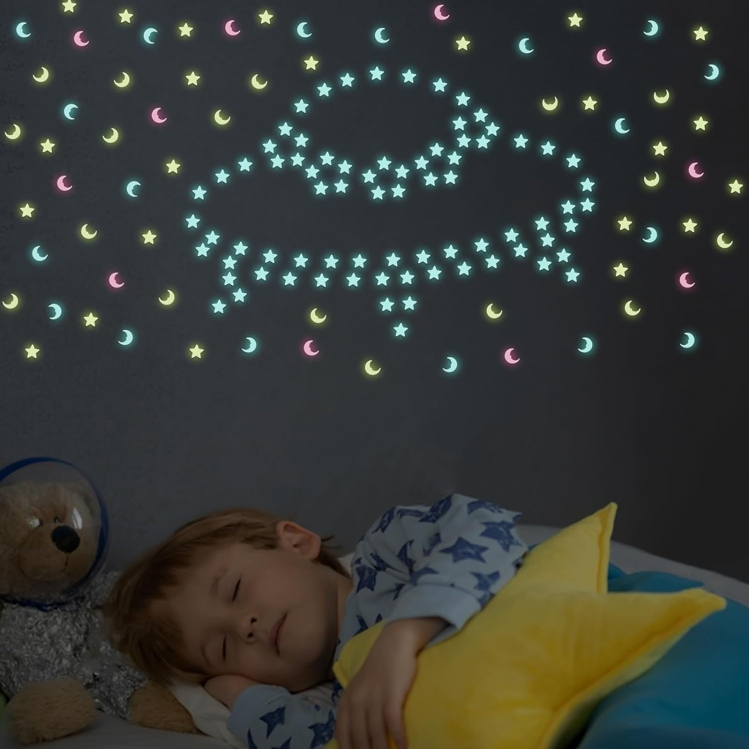 Geeric 100Pcs Star Moon Wall Decals Home Decoration, Glowing Wall Decals Decor Stickers Glow in the Dark Star for DIY Kids Bedding Room Party Birthday Gift Bedroom Sticker Decor Walls DIY Decoration image number 1