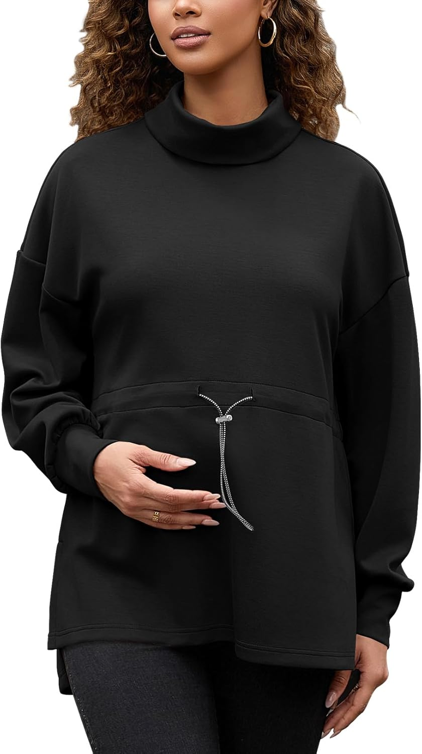 Bhome Maternity Turtleneck Sweatshirt Long Sleeve Oversized Pullover Tops Side Slit Tunic Shirts with Drawstring Waist