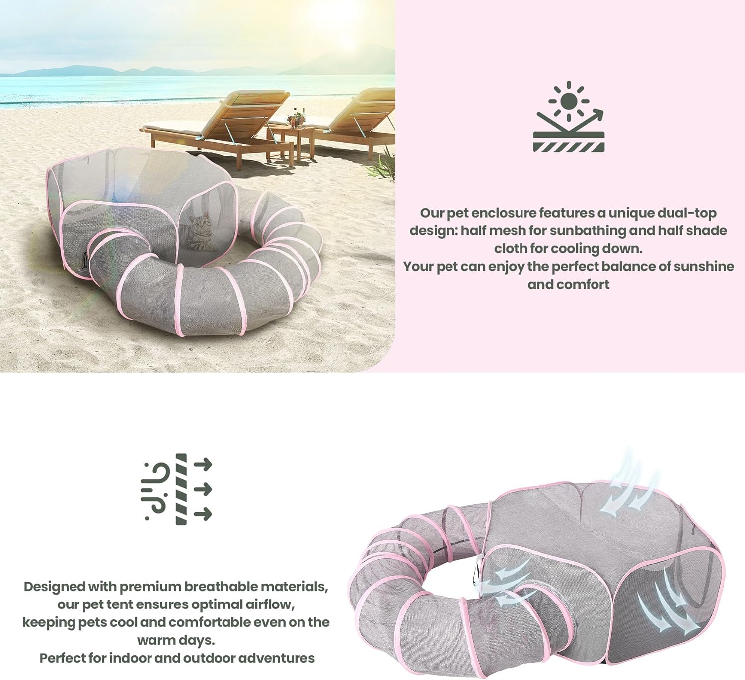 X-ZONE PET Outdoor Cat Enclosure, Portable Catio Playground, Enclosed Tent Playpen Tunnel for Indoor Cats & Small Animals, with Bag Storage 45 Inch Pink image number 5