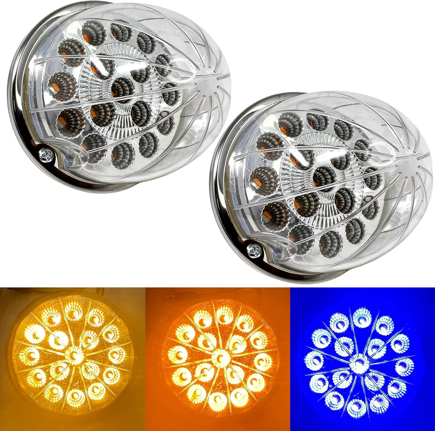 2PCS Dual Revolution White Reading Sport Marker to Red Auxiliary 17 LED Watermelon Lights Clear Lens & Stainless Steel Bezel Marker Lights for Freightliner Kenworth Peterbilt Trailer Heavy Trucks IP67