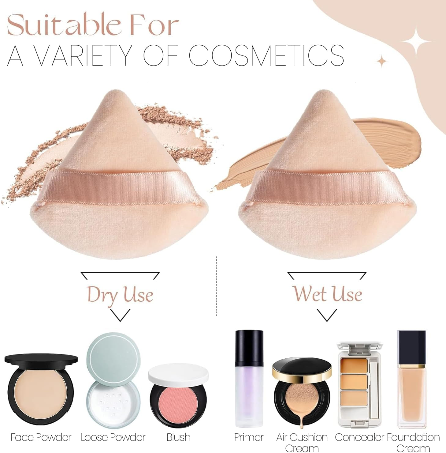 Powder Puff Velour Triangle Powder Puff and 4Pcs round Makeup Puff, Reusable Face Sponge with Strap, Soft Face Beauty Puffs image number 1